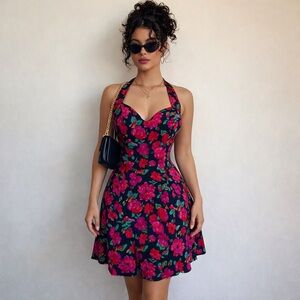 Vintage Rampage Floral Halter Backless Mini Dress – Made in USA